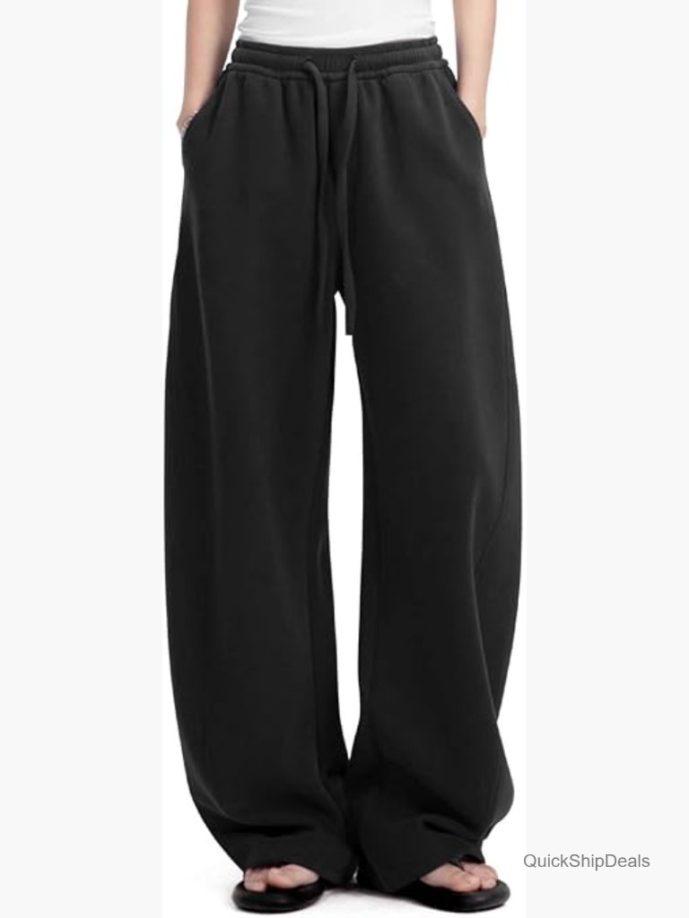 Fleece Lined Barrel Sweatpants Wide Leg Cotton Elastic Waist With Pockets